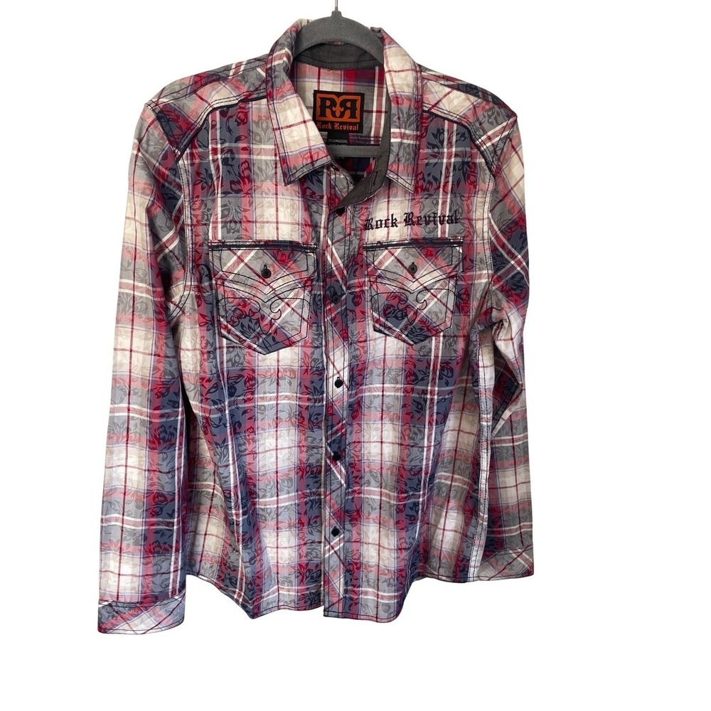 Rock Revival Men's M Embroidered Plaid Floral Button Down Shirt BLE2202L Western